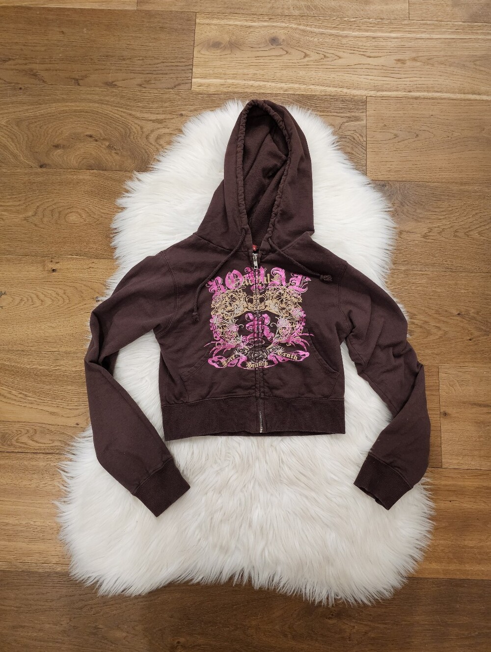 Vintage Women’s Brown Cropped Hoodie Jacket with Pink Graphic
